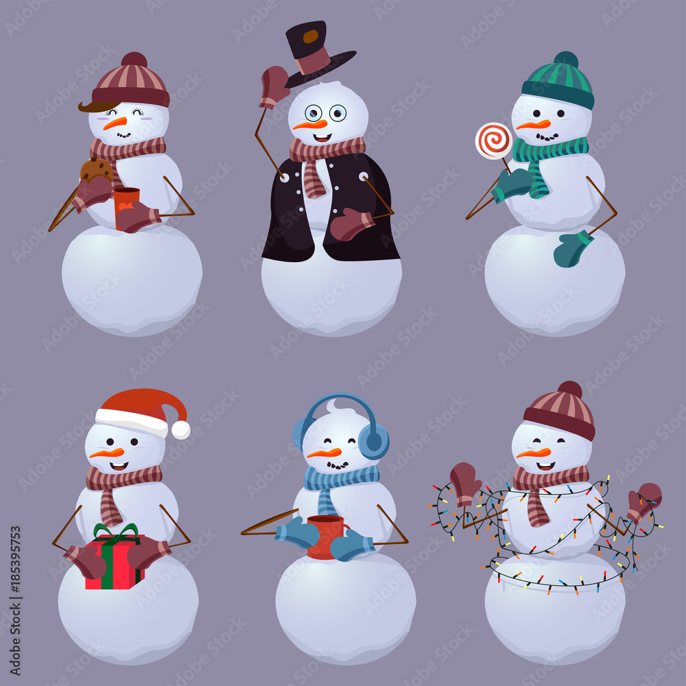 Set cheerful snowmen in different costumes with candy and gifts.Cartoon vector illustration.