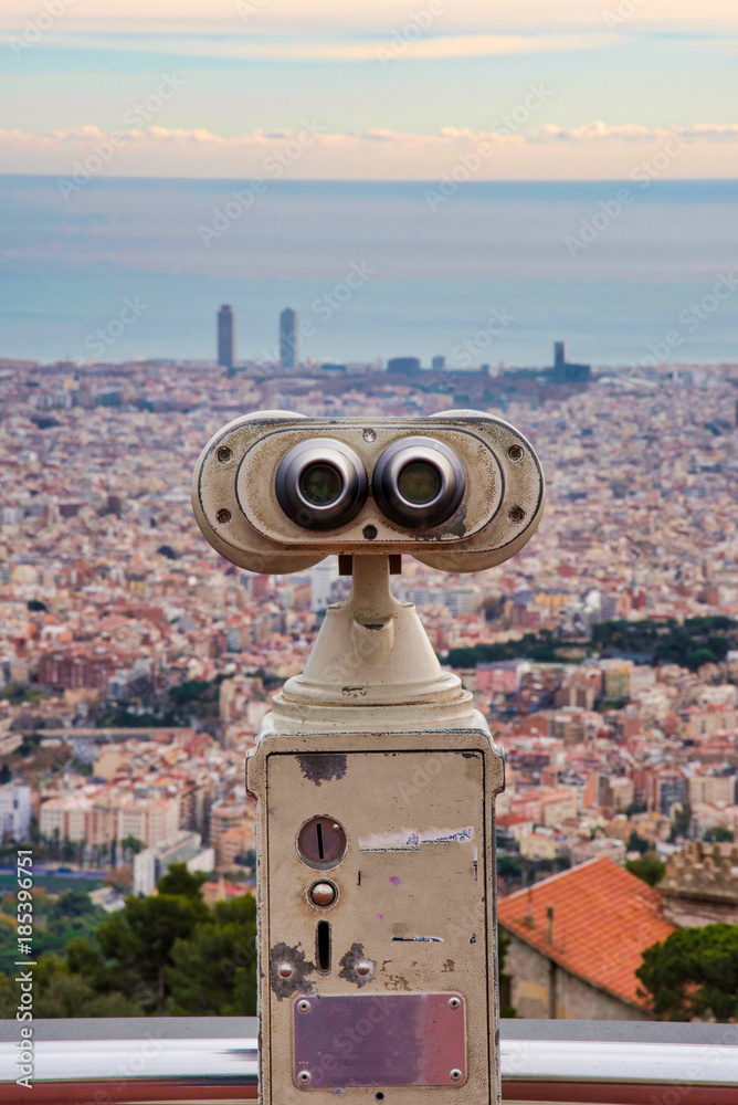 tower viewer on summit of Mount Tibidabo overlooking city of Barcelona