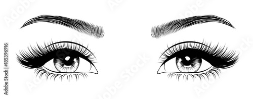 Tablou canvas Hand-drawn woman's sexy luxurious eye with perfectly shaped eyebrows and full lashes