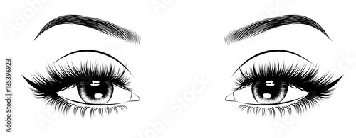 Hand-drawn woman's sexy luxurious eye with perfectly shaped eyebrows and full lashes. Idea for business visit card, typography vector. Perfect salon look.