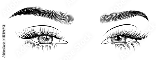 Hand-drawn woman's sexy luxurious eye with perfectly shaped eyebrows and full lashes. Idea for business visit card, typography vector. Perfect salon look.