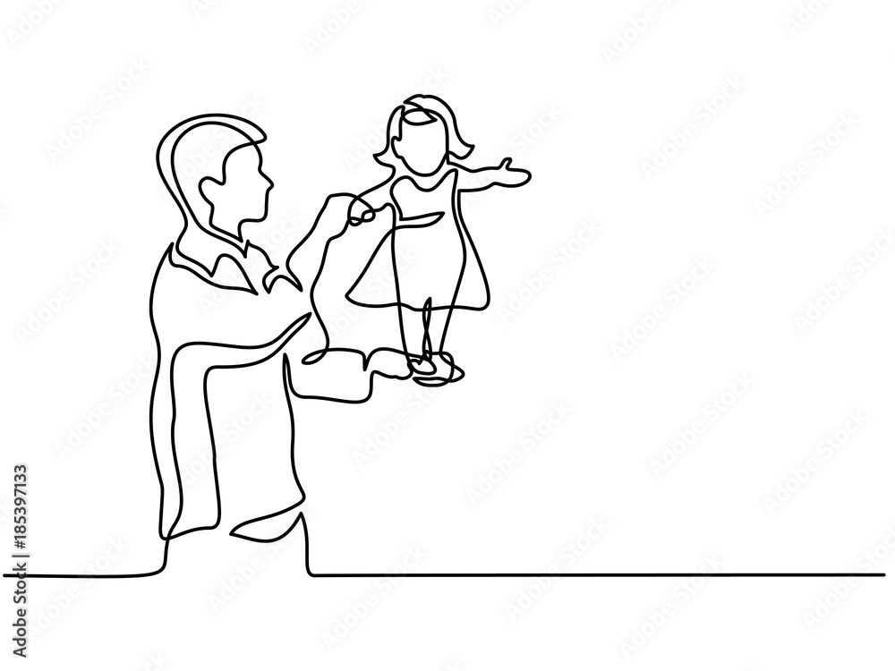 Continuous line drawing. Father holding happy daughter up in air. Vector illustration
