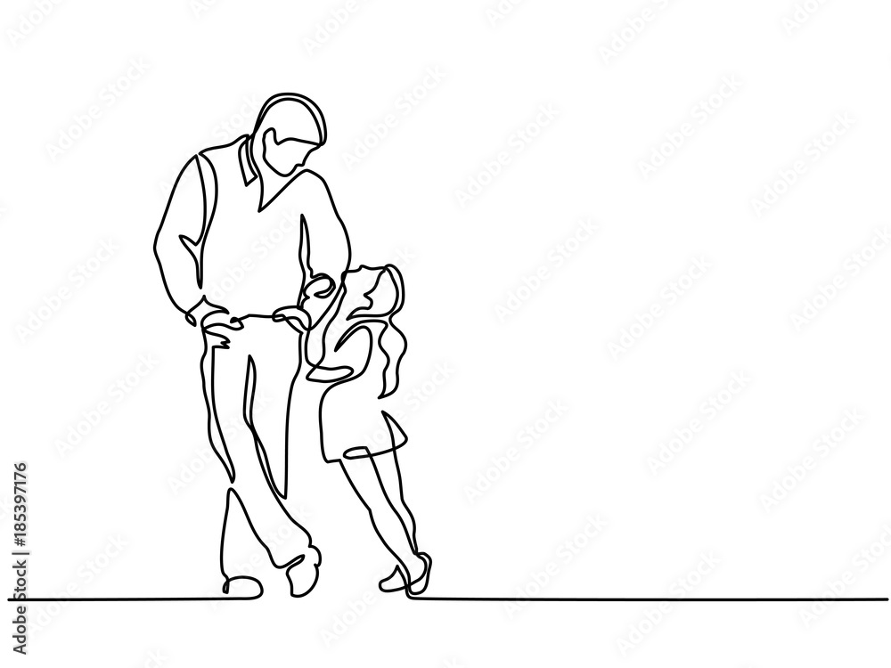 Continuous line drawing. Father and little daughter. Vector illustration Continuous line drawing. Father and little daughter. Vector illustration