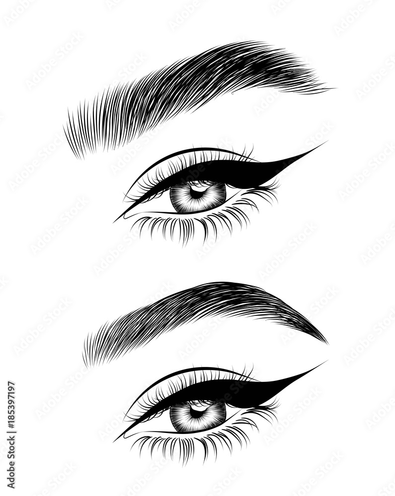 Hand-drawn woman's sexy luxurious eye with perfectly shaped eyebrows and full lashes. Idea for business visit card, typography vector.Perfect salon look.