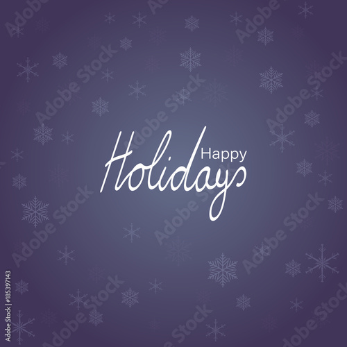 Wintertime. Winter landscape with snowflakes and snow in pastel purple colors. Text: Happy Holidays.
