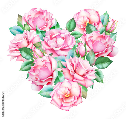 Beautiful heart with watercolor hand drawn pink roses and leaves isolated on white background. Useful for romantic design of greeting card  wedding invitations  Valentine s day postcards.