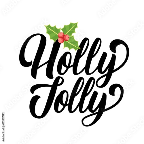 Holly Jolly ink brush fancy hand lettering isolated on white background. Vector illustration. Can be used for holidays festive Christmas design.