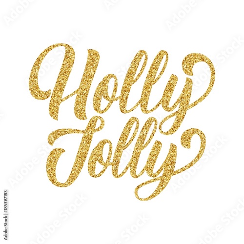 Merry Christmas brush fancy hand lettering with golden glitter texture effect on white background. Vector illustration. Can be used for holidays festive design.