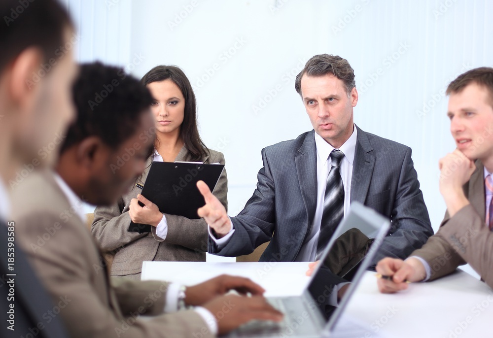 businessman holds working meeting with employees businessman holds working meeting with employees
