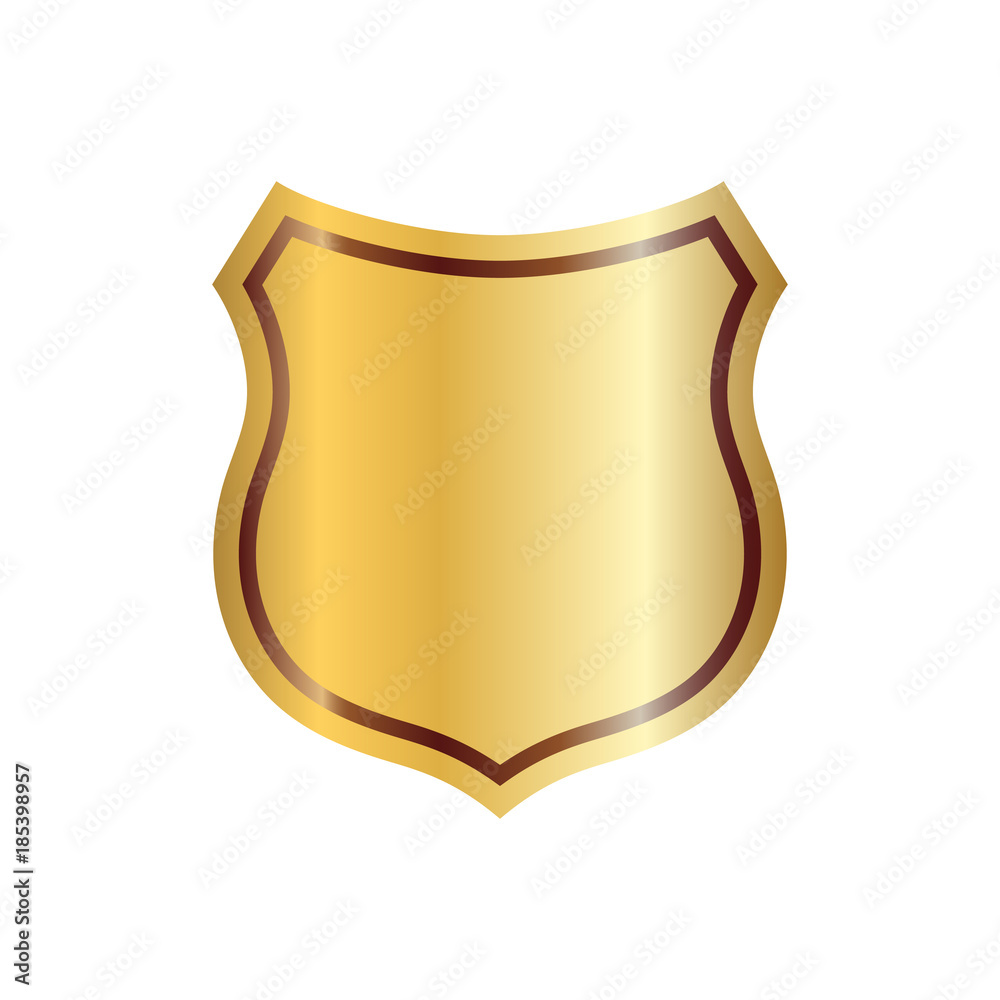 Gold shield shape icon. 3D golden emblem sign isolated on white background. Symbol of security, power, protection. Badge shape shield graphic design. Vector illustration Gold shield shape icon. 3D golden emblem sign isolated on white background. Symbol of security, power, protection. Badge shape shield graphic design. Vector illustration