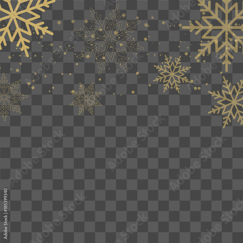 Christmas background with falling gold snowflakes on transparent background. Vector