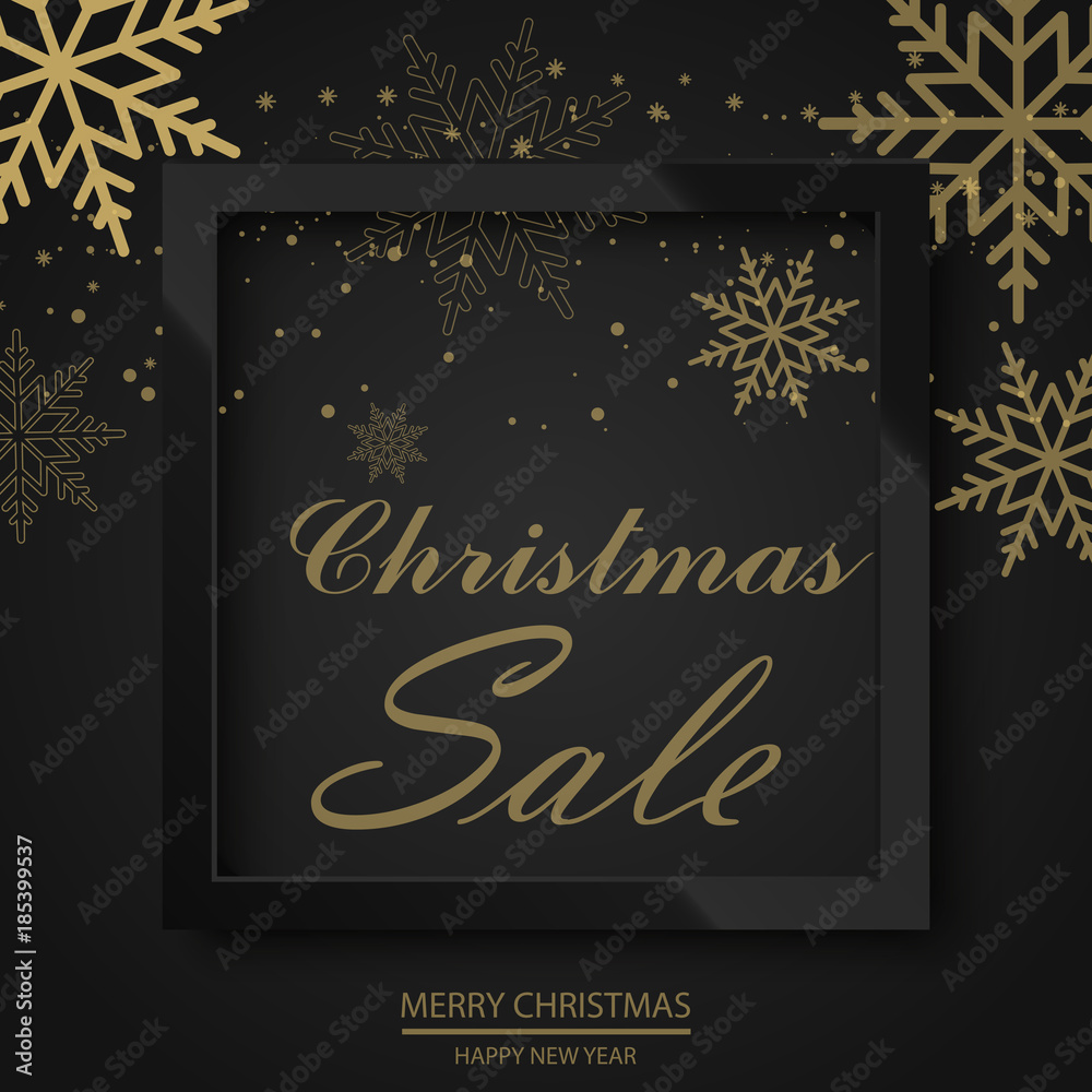 Sale poster with falling snowflakes glossy black frame on black background. Vector Sale poster with falling snowflakes glossy black frame on black background. Vector
