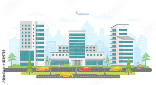 Busy street - modern colorful flat vector illustration