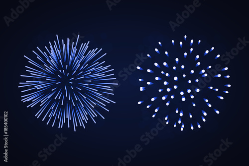 Beautiful blue fireworks set. Bright fireworks isolated black background. Light blue decoration fireworks for Christmas, New Year celebration, holiday festival, birthday card. Vector illustration