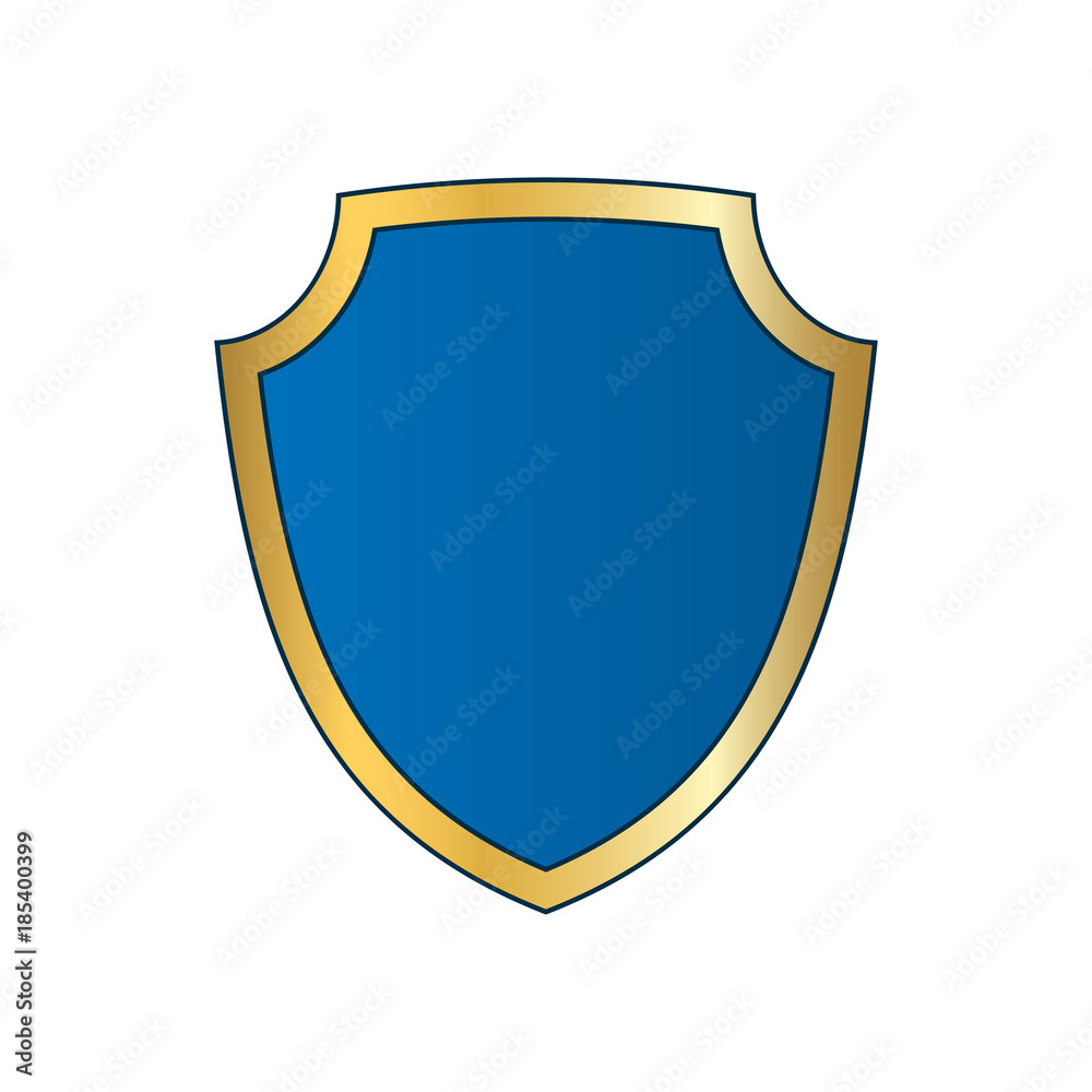 Gold-blue shield shape icon. Bright logo emblem metallic sign isolated on white background. Empty shape shield. Symbol of security, protection, defense. Shiny element design. Vector illustration Gold-blue shield shape icon. Bright logo emblem metallic sign isolated on white background. Empty shape shield. Symbol of security, protection, defense. Shiny element design. Vector illustration