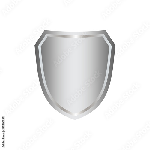 Silver shield shape icon. 3D gray emblem sign isolated on white background. Symbol of security, power, protection. Badge shape shield graphic design. Vector illustration