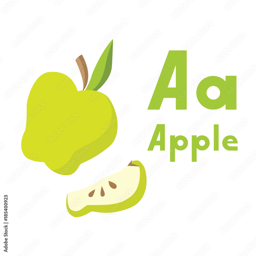 Vector illustration of simple font isolated on white background. Fruit and vegetable alphabet. Apple whole and slice. Vector illustration of simple font isolated on white background. Fruit and vegetable alphabet. Apple whole and slice.