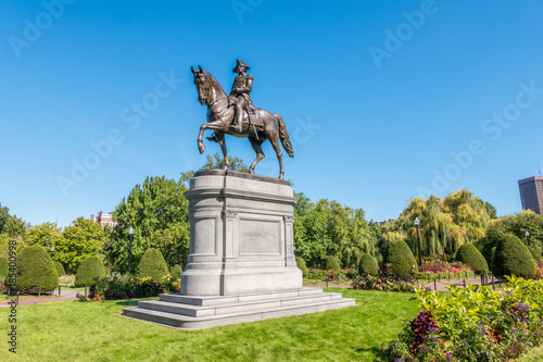 Boston USA Public Garden, Common Frog Pond and city skyline.