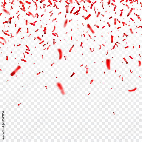 Christmas, Valentines day red confetti on transparent background. Falling shiny confetti glitters. Festive party design elements.