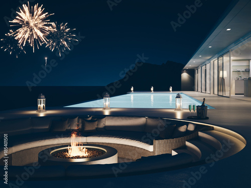 Canvas Print 3d rendering of pool villa with fireworks and champagne