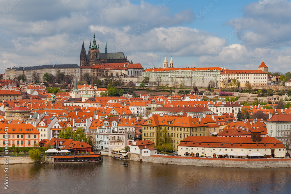 Panoramic view of Prague castle and Vltava river in Prague, Czech Republic Panoramic view of Prague castle and Vltava river in Prague, Czech Republic