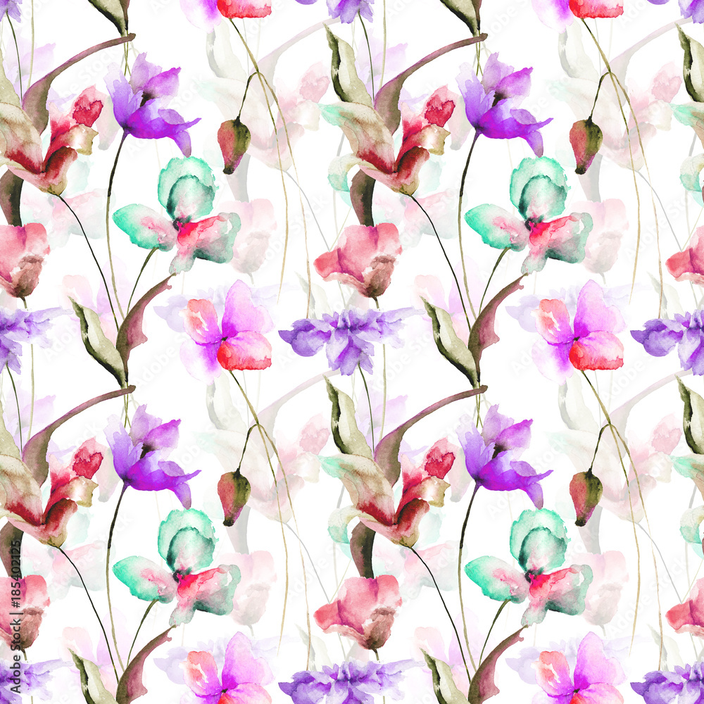 Fototapeta Seamless pattern with Decorative summer flowers