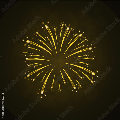 Beautiful gold firework. Bright firework isolated on black background. Light golden decoration firework for Christmas, New Year celebration, holiday, festival, birthday card. Vector illustration