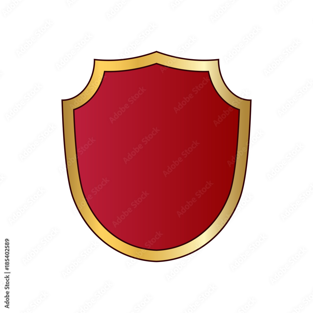 Gold and red shield shape icon. Logo emblem metallic sign isolated on white background. Shape shield symbol of security, protection or armor, safe. Shiny element design. Vector illustration Gold and red shield shape icon. Logo emblem metallic sign isolated on white background. Shape shield symbol of security, protection or armor, safe. Shiny element design. Vector illustration