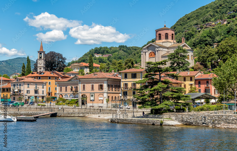 View of Laveno Mombello, is the tourism capital of the eastern shore of Lake Maggiore in province of Varese, Italy