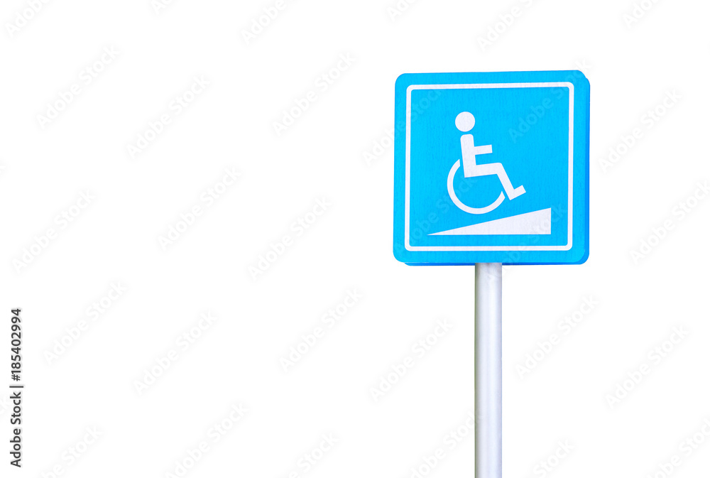 clipping path, blue wheelchair ramp sign for the disabled on pole isolated on white background, copy space clipping path, blue wheelchair ramp sign for the disabled on pole isolated on white background, copy space