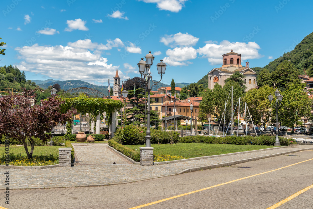 Fototapeta premium View of Laveno Mombello, is the tourism capital of the eastern shore of Lake Maggiore in province of Varese, Italy