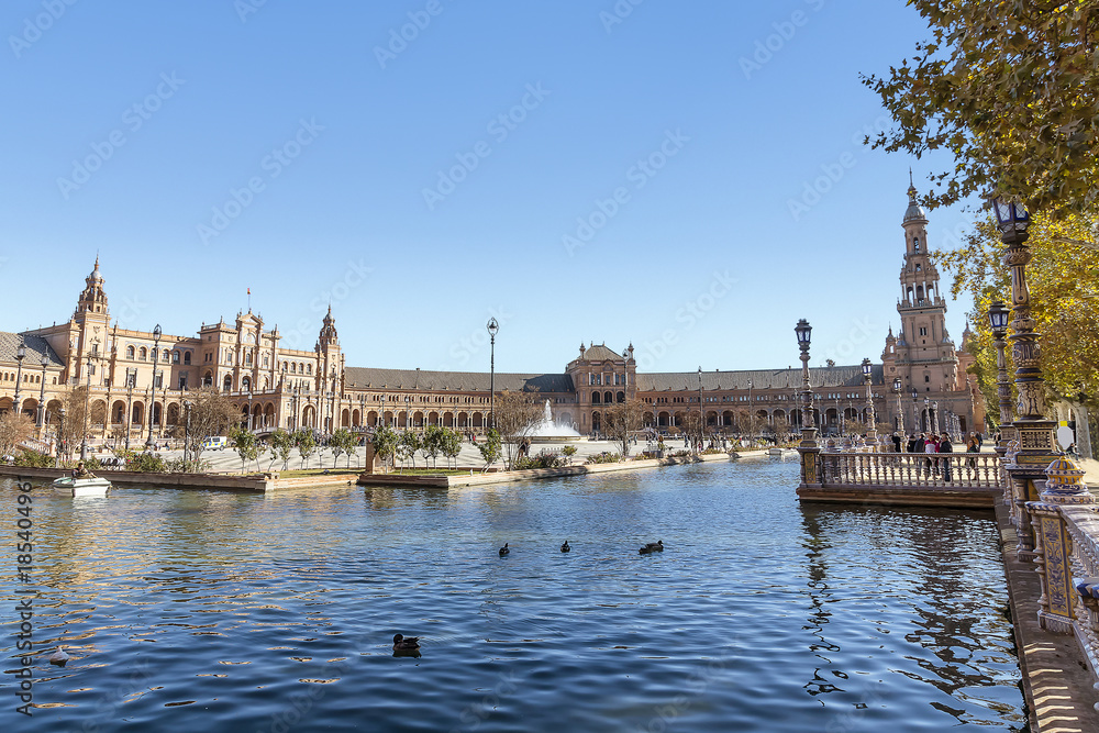 Spain Square (Plaza de Espana), Seville, Spain, built on 1928, it is one example of the Regionalism Architecture mixing Renaissance and Moorish styles