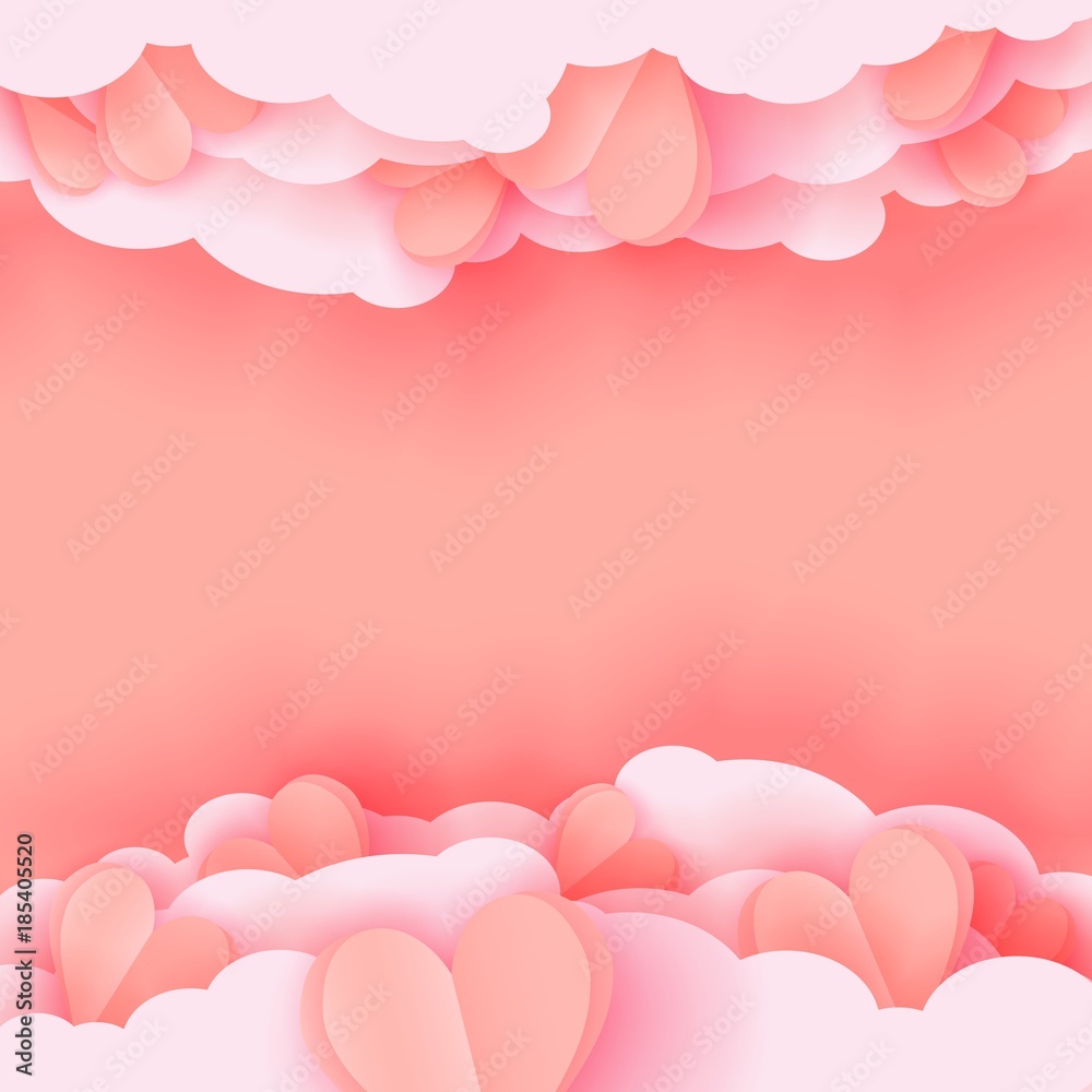 3d paper cut illustration of pink paper hearts on pink background with clouds. Vector