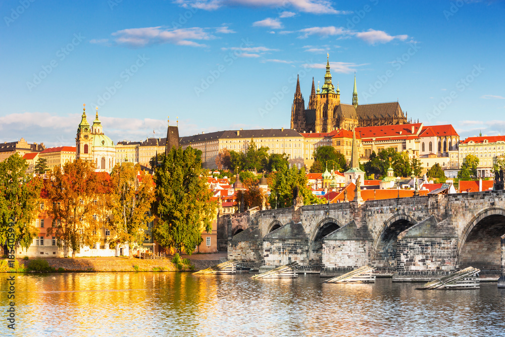 Fototapeta premium Prague historical center with the castle,Hradcany,Charles bridge and Vltava river, Prague, Czech Republic