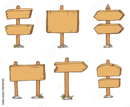 Old wooden blank cartoon sign boards isolated on white vector. Arrows billboard plank illustration, for your web design.