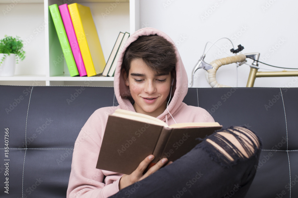 adolescent or preteen student with the textbook at home adolescent or preteen student with the textbook at home