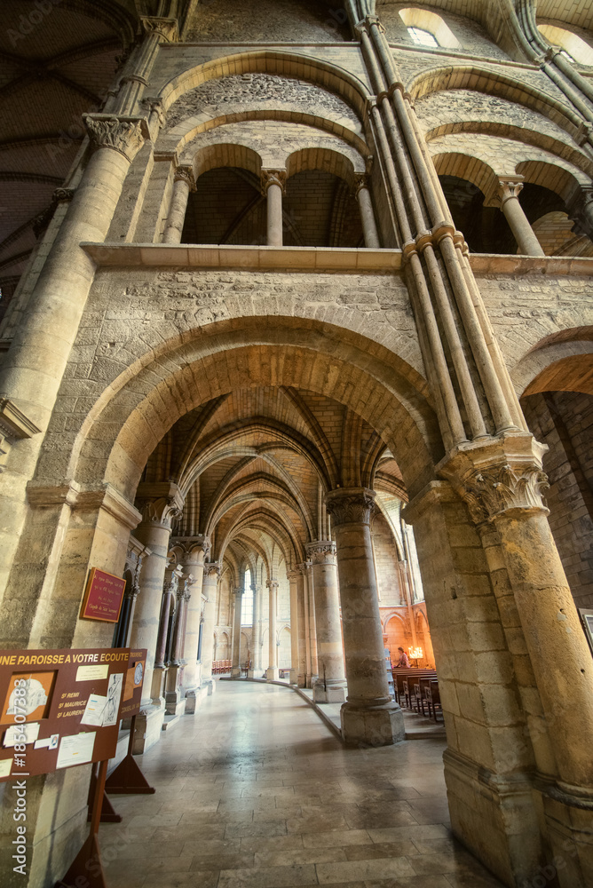 Vertical galleries of arches in Saint Remi abbey in Reims, France