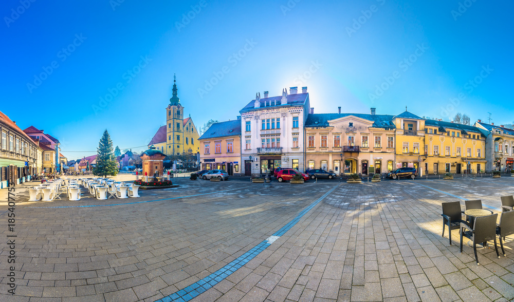 Fototapeta premium Samovar old town panorama. / Colorful panorama in Samobor city center, small picturesque place in suburb of town Zagreb, Croatia.