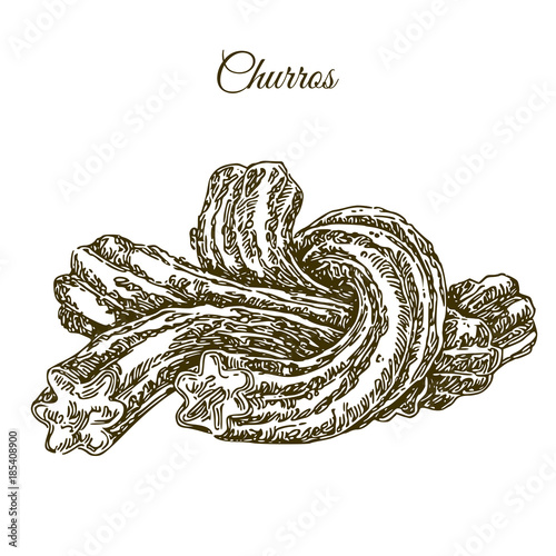 Delicious churros. Engraving style. Vector illustration.