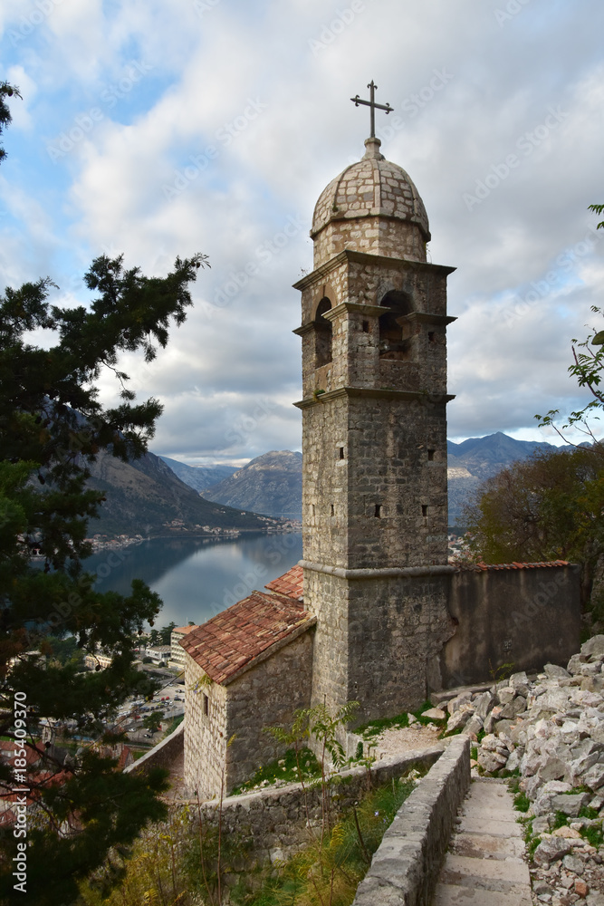 ‘Our Lady of Remedy’ Church high above the town and the bay of Kotor, Montenegro