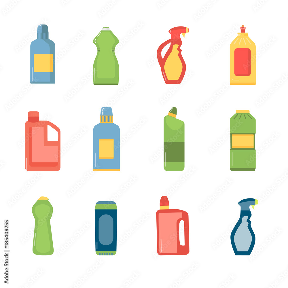 Set of clening bottles. Chemical products for your design in flat style Set of clening bottles. Chemical products for your design in flat style