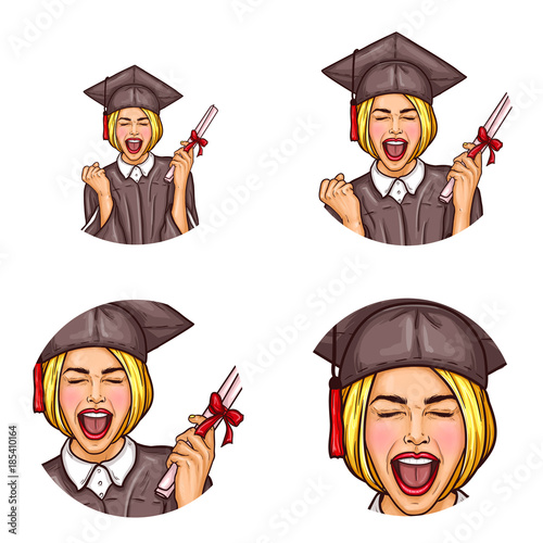 Vector set of round female avatars for users of social network, blogs in pop art style. Excited blonde girl in black mantle and hat, becoming a graduated student, holds university diploma in her hand