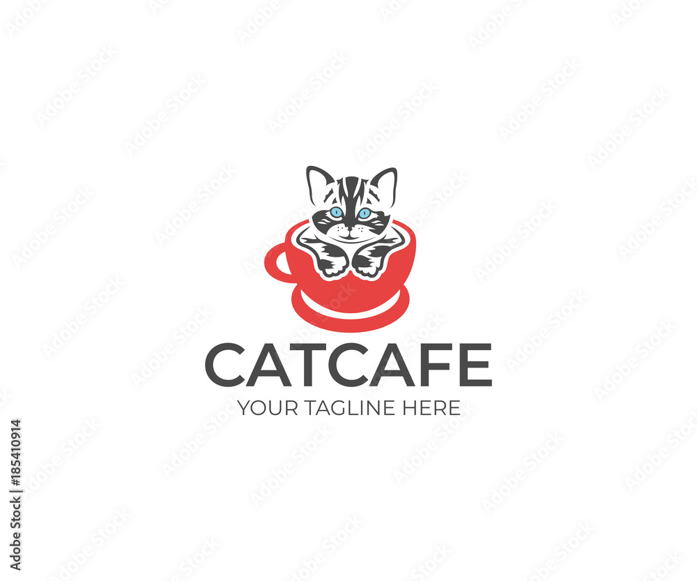 Cat in the Cup Logo Template. Animal Vector Design. Pet Illustration