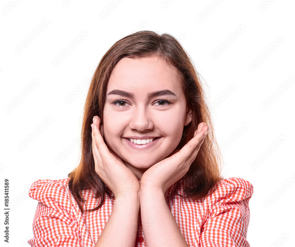 Beautiful smiling woman on white background Beautiful smiling woman on white background