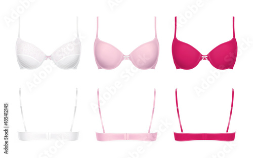 Realistic push-up bras vector illustration isolated on background, front and back view. Set of three models in different colors, white with lace, pink and magenta. Woman lingerie, templates for mockup