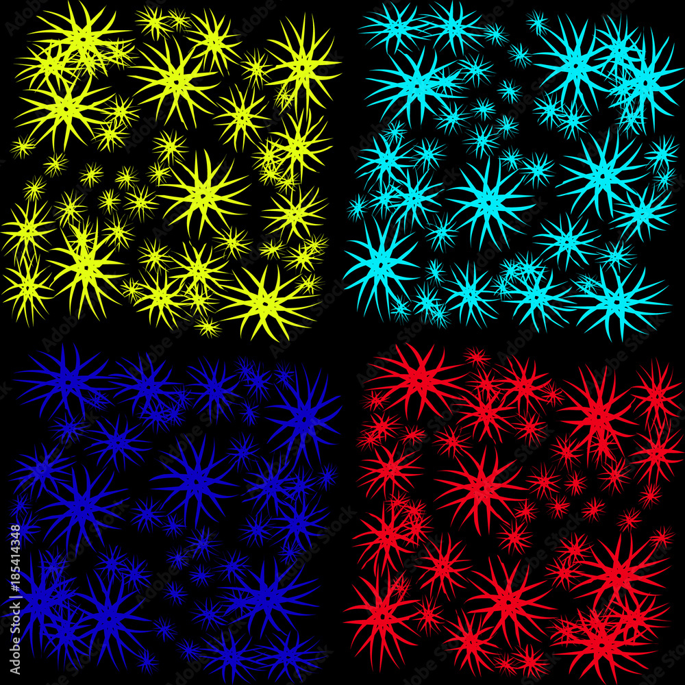 A pattern with stars and snowflakes, a deep space in volume. Starry sky, sea, grass and snowflakes.
