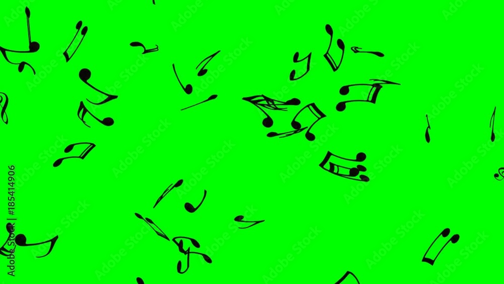 Animated black music notes dancing or flying in slow motion against green background. Animated black music notes dancing or flying in slow motion against green background.