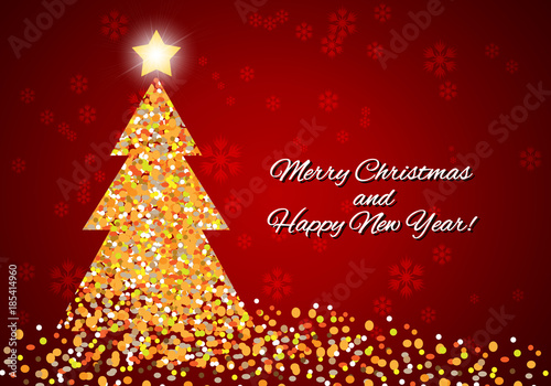 an abstract winter tree of confetti with a glowing star on a red background with snowflakes and the inscription: "Merry Christmas and Happy New Year!"
