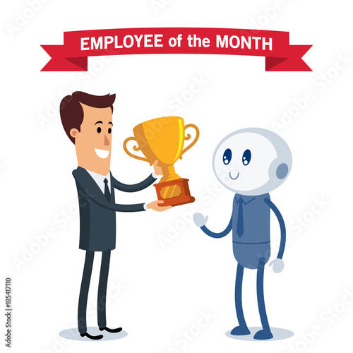 A robot receives the award for the best employee of the month