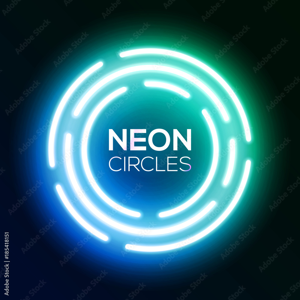 Blue gradient neon light banner. Shining round techno circles. Night